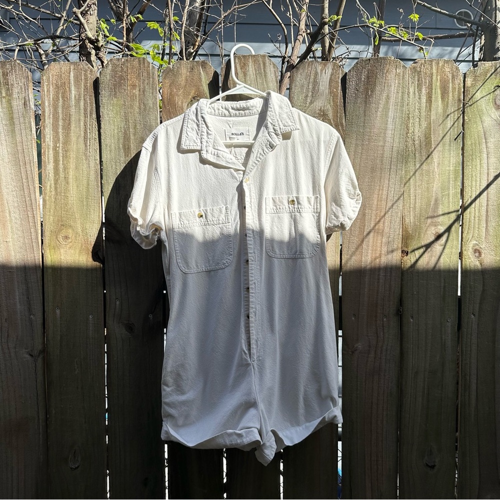 White Short Sleeve Button-Up Romper